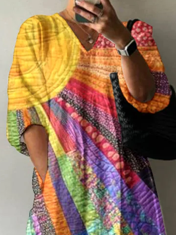 Damen Hippie Halbarm Sommer Print Kleid V-Ausschnitt Täglich Lässig Maxikleid A-Linien-Kleid