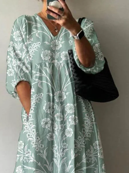 Damen Geblümt Halbarm Sommer Print Kleid V-Ausschnitt Täglich Lässig Maxikleid A-Linien-Kleid