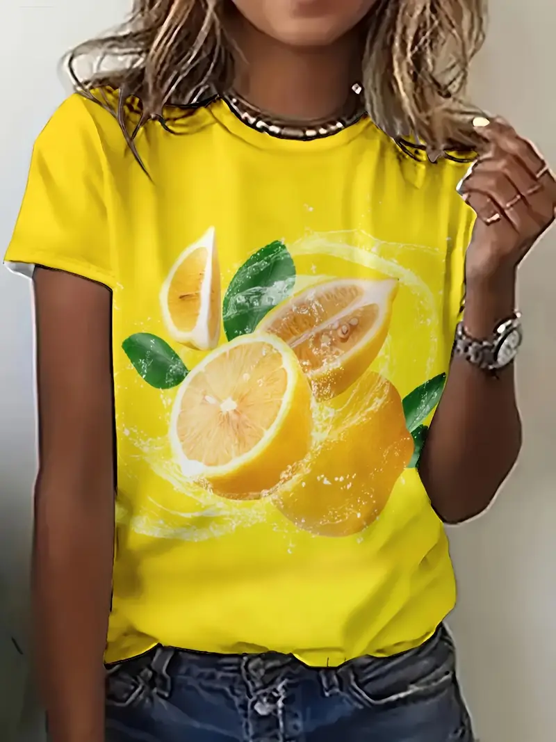 Damen Zitrone Kurzarm T-Shirts T-Shirt Rundhals Print Lässig Sommer T-Shirt mit Grafik Oberteile