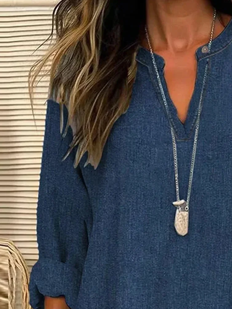 Damen Grafik mit Denim-Imitat-Print Langarm Bluse Frühling/Herbst Print V-Ausschnitt Täglich Lässig Oberteile