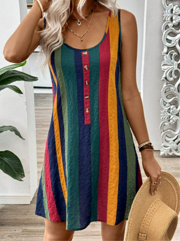 Damen Gestreift Ärmellos Sommer Print Kleid Rundhals Täglich Lässig Midi Tanktop X-Linie Kleid