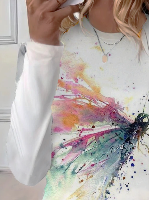 Damen Schmetterling Langarm T-Shirts T-Shirt Rundhals Print Lässig Frühling/Herbst T-Shirt mit Grafik Oberteile