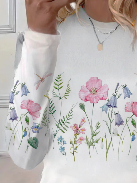 Damen Geblümt Langarm T-Shirts T-Shirt Rundhals Print Lässig Frühling/Herbst T-Shirt mit Grafik Oberteile