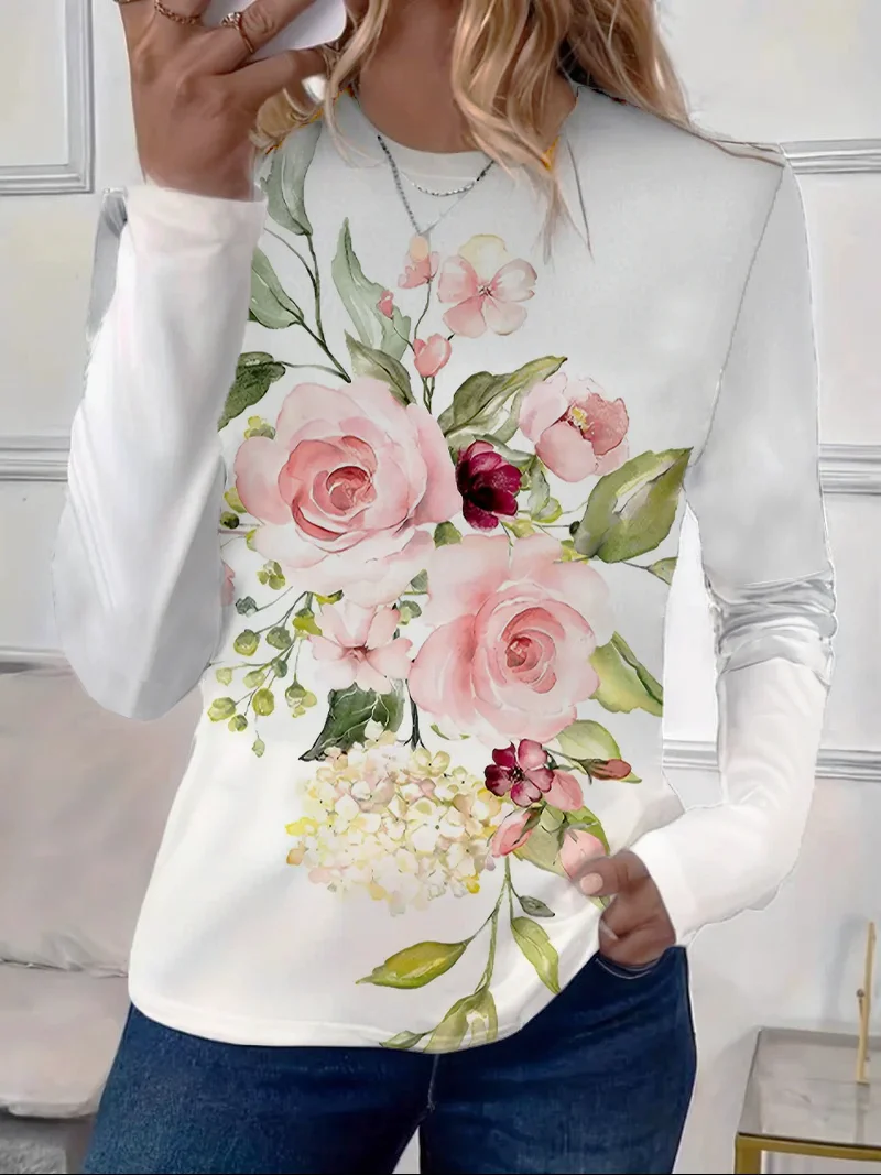 Damen Geblümt Langarm T-Shirts T-Shirt Rundhals Print Lässig Frühling/Herbst T-Shirt mit Grafik Oberteile