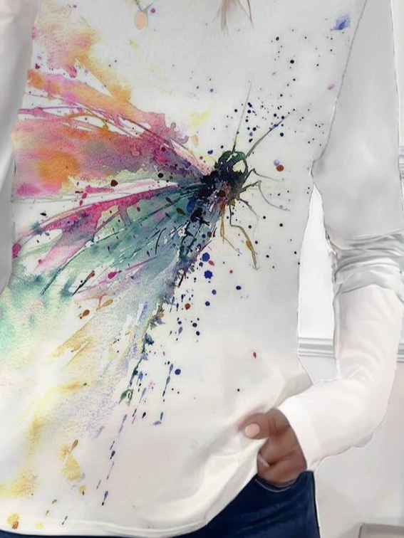 Damen Schmetterling Langarm T-Shirts T-Shirt Rundhals Print Lässig Frühling/Herbst T-Shirt mit Grafik Oberteile