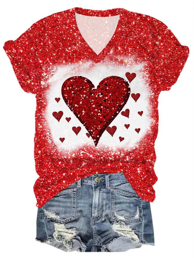 Damen Kurzarm T-Shirts T-Shirt Sommer Herz/Herz Print V-Ausschnitt Lässig Oberteile T-Shirt mit Grafik