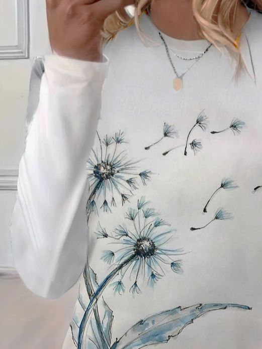 Damen Geblümt Langarm T-Shirts T-Shirt Rundhals Print Lässig Frühling/Herbst T-Shirt mit Grafik Oberteile