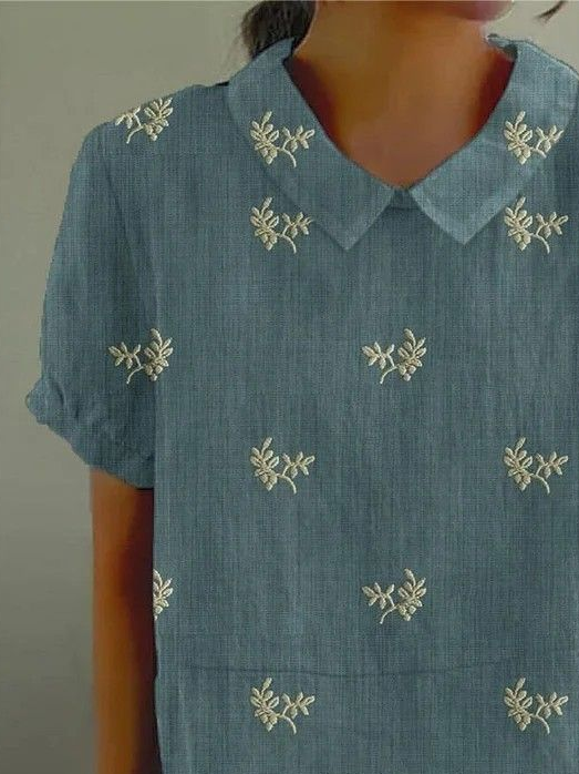 Damen Geblümt Kurzarm Bluse Sommer Print Schalkragen Täglich Lässig Oberteile