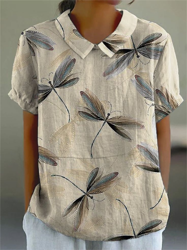 Damen Libelle Kurzarm Bluse Sommer Print Schalkragen Täglich Lässig Oberteile