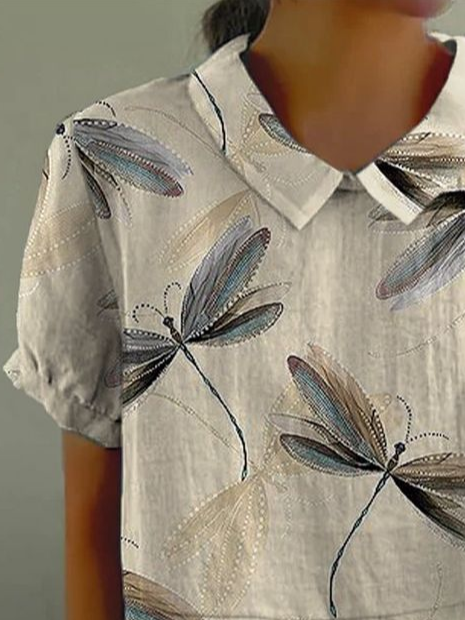 Damen Libelle Kurzarm Bluse Sommer Print Schalkragen Täglich Lässig Oberteile