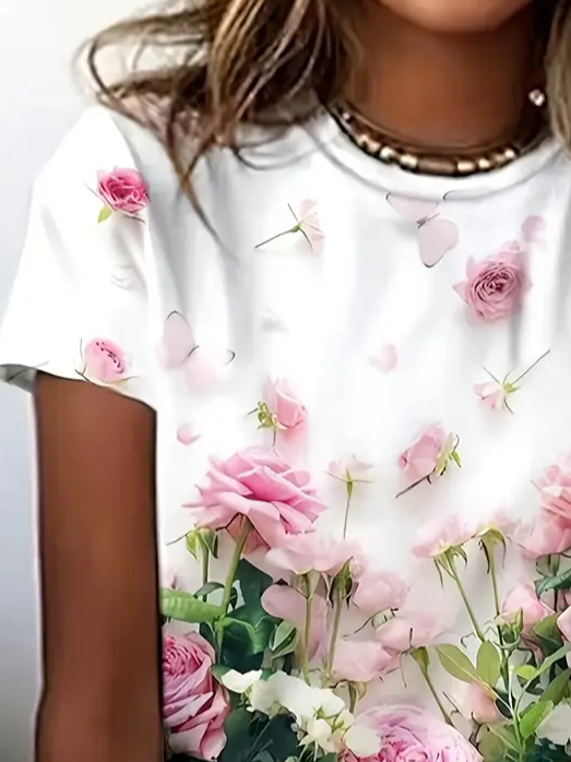 Damen Geblümt Kurzarm T-Shirts T-Shirt Rundhals Print Lässig Sommer T-Shirt mit Grafik Oberteile