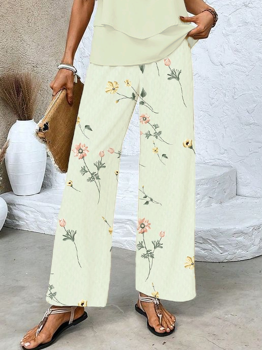 Damen Geblümt Print Zweiteiliges Set Täglich Ärmellos Lässig Sommer Bluse mit Hose Matching Set
