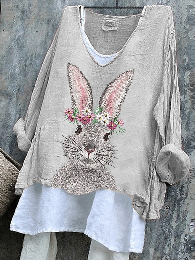 Damen OSTERN (Kaninchen) Langarm T-Shirts T-Shirt V-Ausschnitt Retro Frühling/Herbst Oberteile