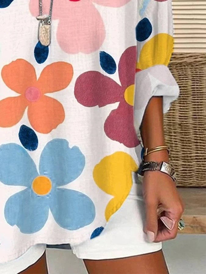 Damen Geblümt Halbarm Bluse Sommer Schalkragen Täglich Lässig Oberteile