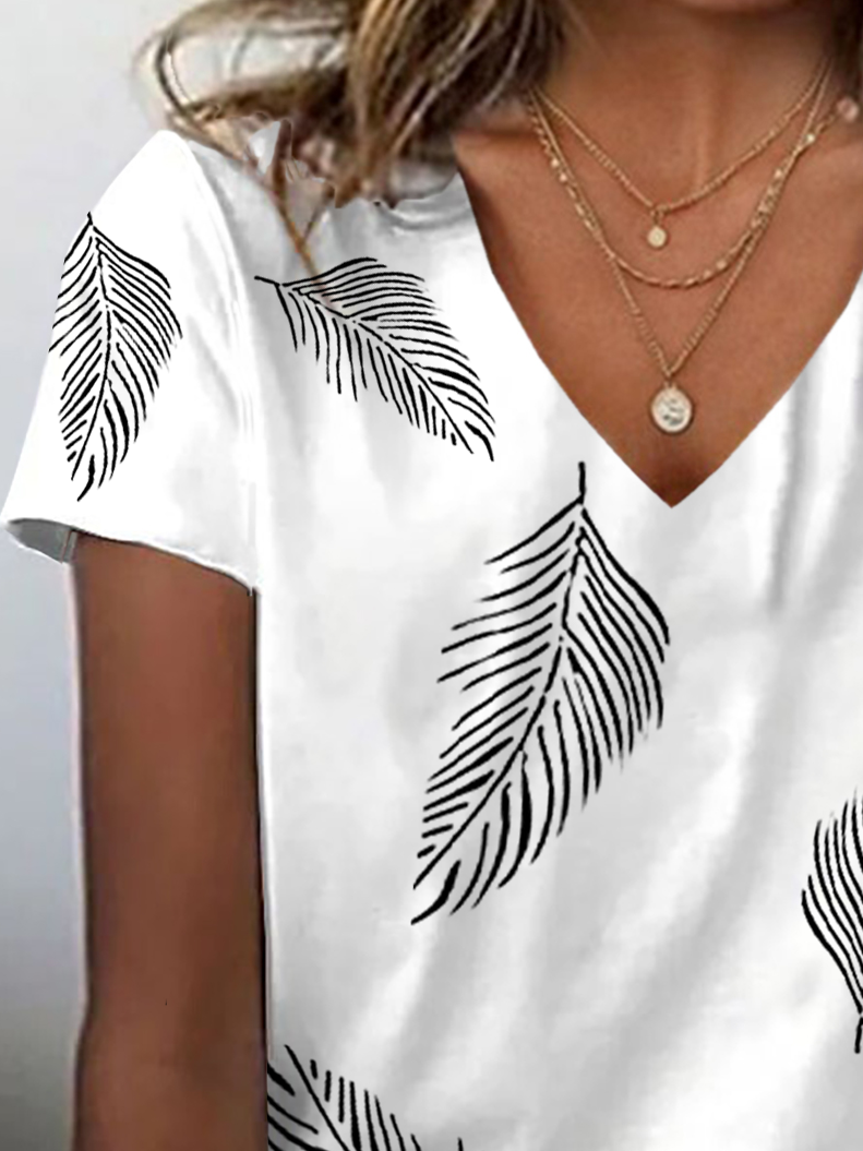 Damen Feder Kurzarm T-Shirts T-Shirt V-Ausschnitt Print Lässig Sommer T-Shirt mit Grafik Oberteile