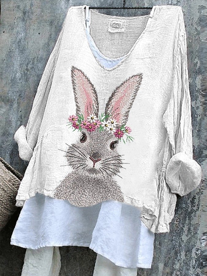 Damen OSTERN (Kaninchen) Langarm T-Shirts T-Shirt V-Ausschnitt Retro Frühling/Herbst Oberteile