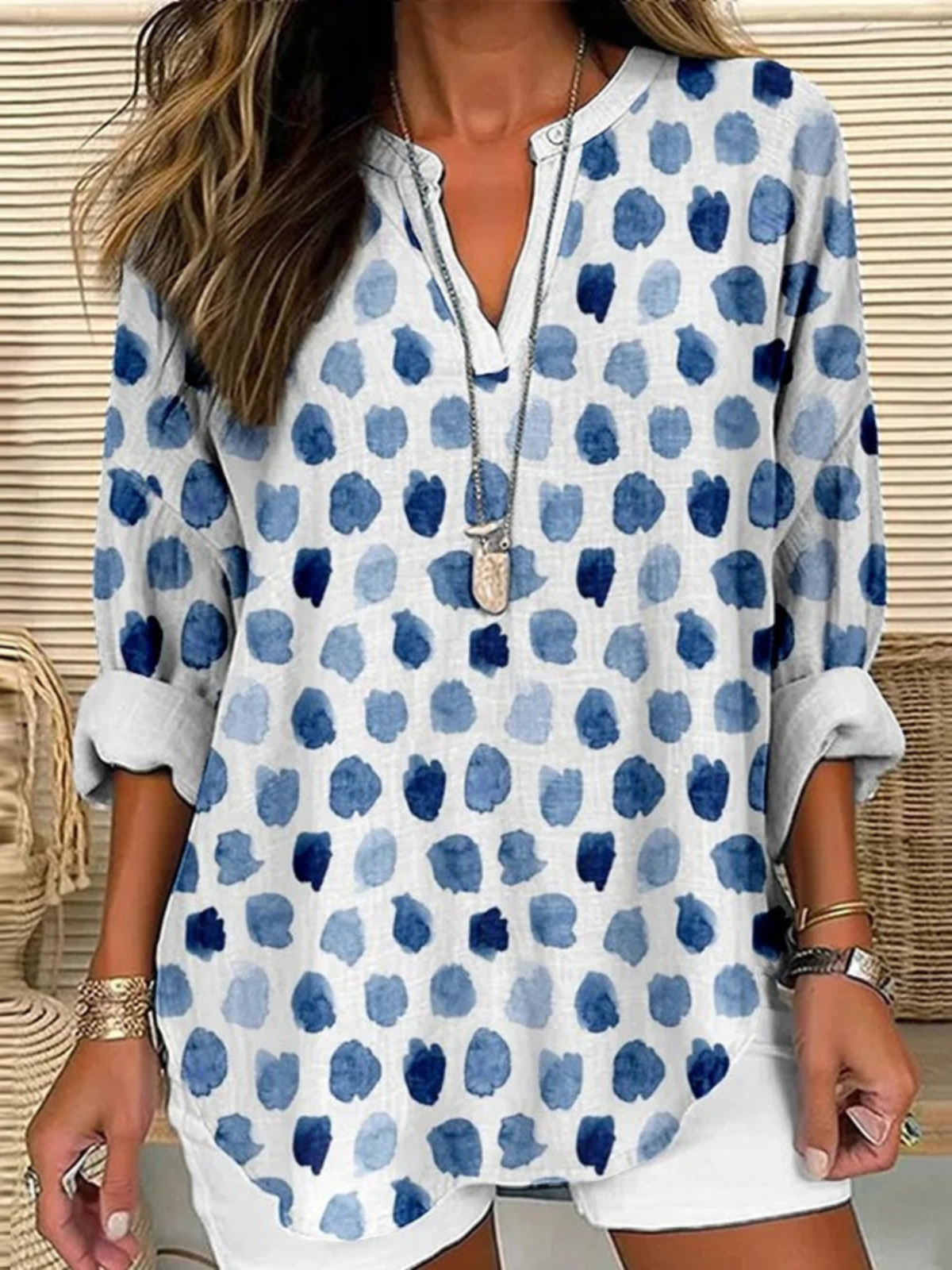 Damen Geometrisch Halbarm Bluse Sommer Schalkragen Täglich Lässig Oberteile