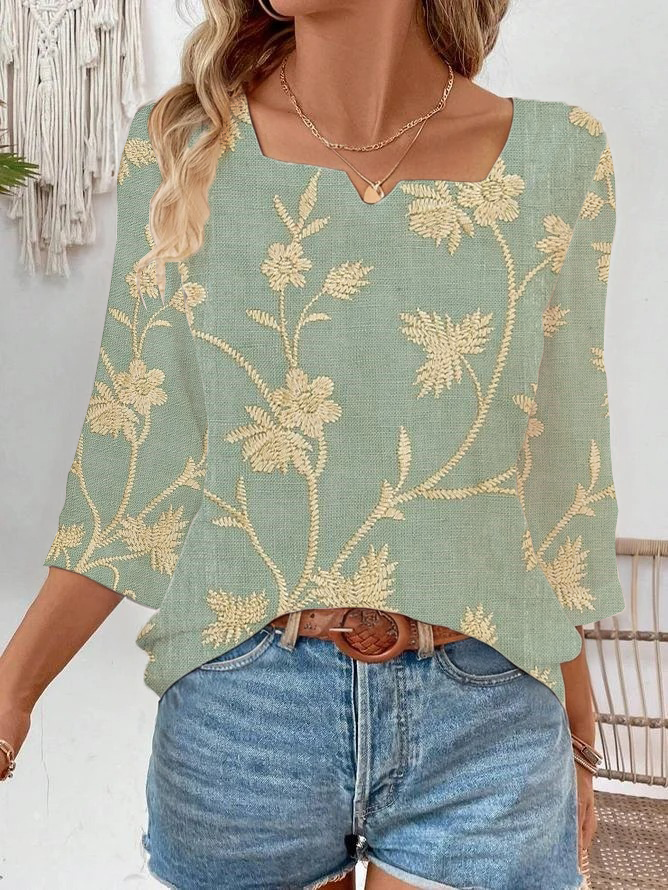Damen Geblümt Dreiviertelärmel Bluse Frühling/Herbst Print Gekerbt Täglich Lässig Oberteile