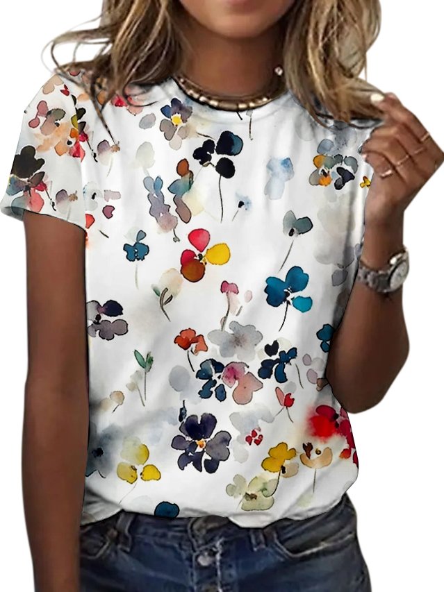Damen Geblümt Kurzarm T-Shirts T-Shirt Rundhals Lässig Sommer Oberteile