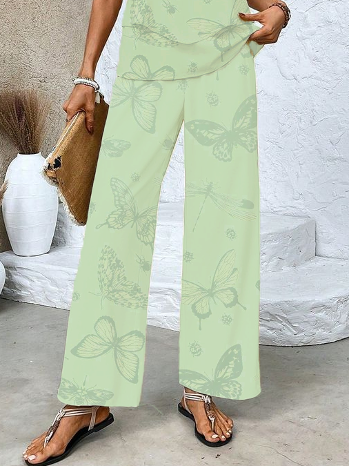 Damen Schmetterling Print Zweiteiliges Set Täglich Ärmellos Lässig Sommer Bluse mit Hose Matching Set