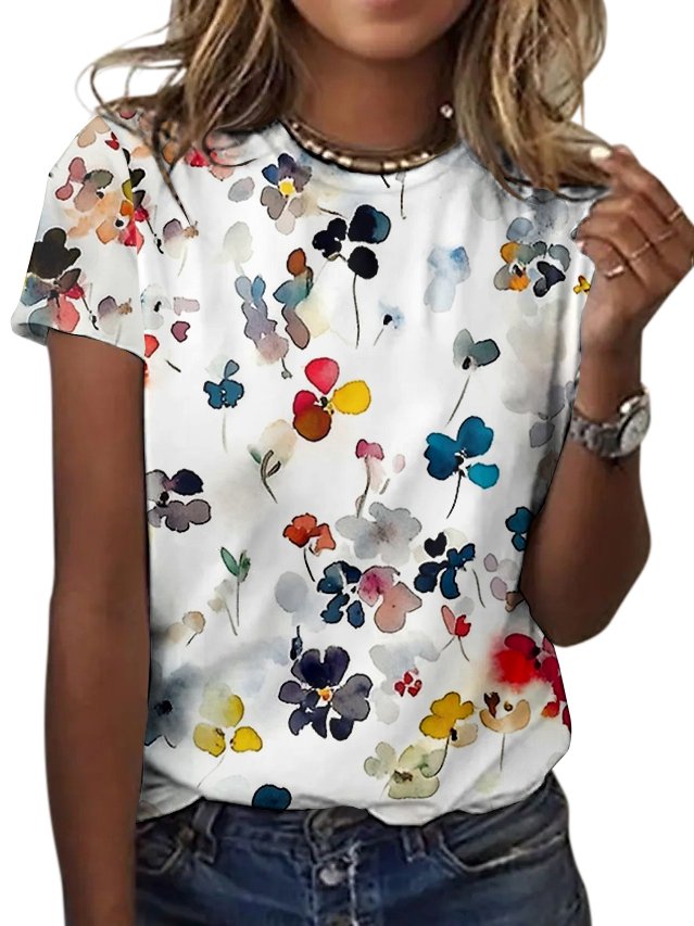 Damen Geblümt Kurzarm T-Shirts T-Shirt Rundhals Lässig Sommer Oberteile