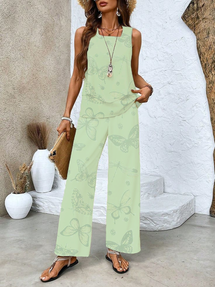 Damen Schmetterling Print Zweiteiliges Set Täglich Ärmellos Lässig Sommer Bluse mit Hose Matching Set