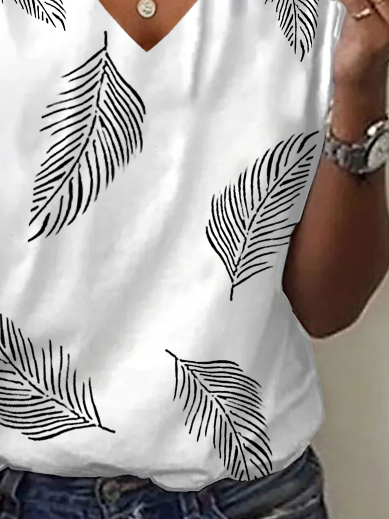 Damen Feder Kurzarm T-Shirts T-Shirt V-Ausschnitt Print Lässig Sommer T-Shirt mit Grafik Oberteile