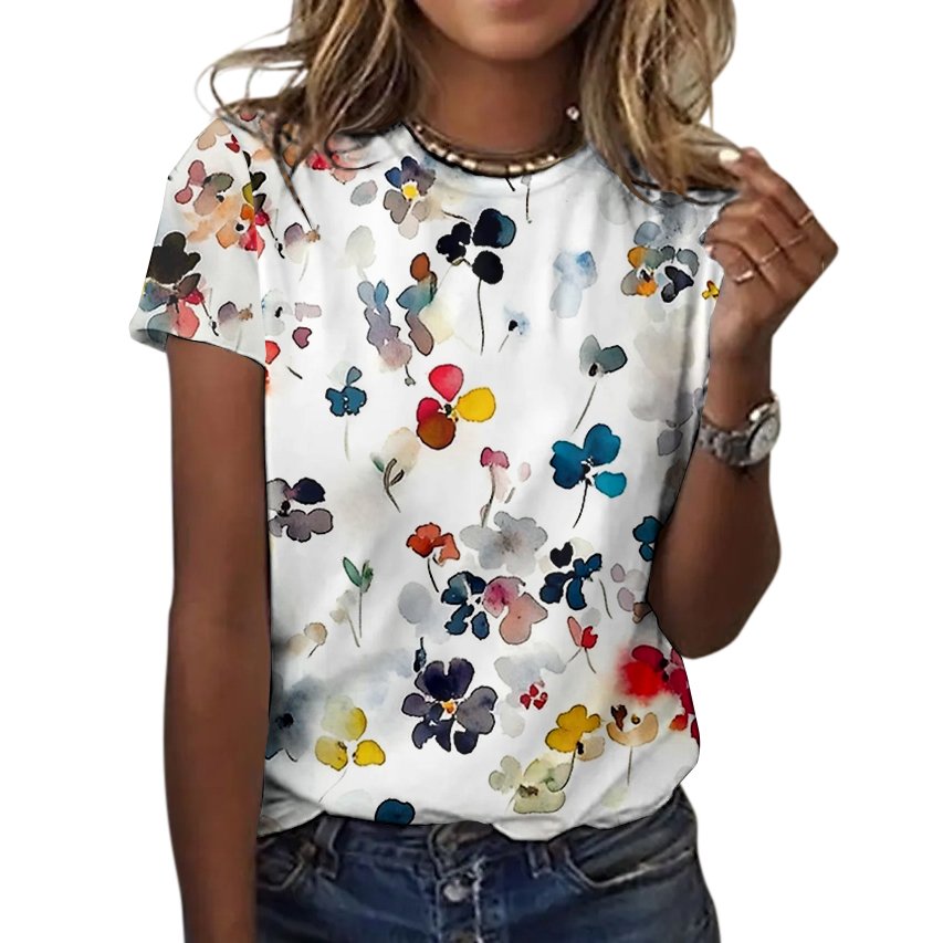 Damen Geblümt Kurzarm T-Shirts T-Shirt Rundhals Lässig Sommer Oberteile