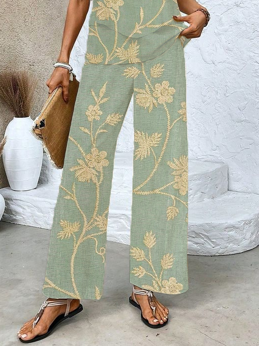 Damen Geblümt Print Zweiteiliges Set Täglich Ärmellos Lässig Sommer Bluse mit Hose Matching Set