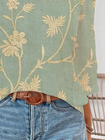 Damen Geblümt Dreiviertelärmel Bluse Frühling/Herbst Print Gekerbt Täglich Lässig Oberteile