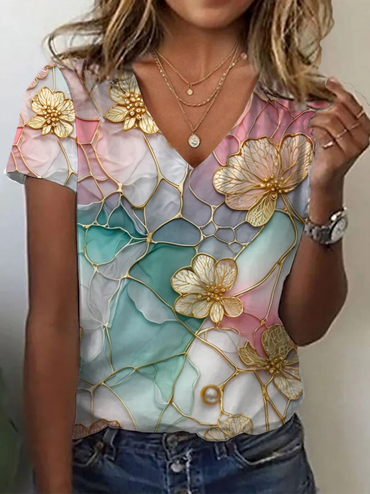 Damen Geblümt Kurzarm T-Shirts T-Shirt V-Ausschnitt Print Lässig Sommer T-Shirt mit Grafik Oberteile