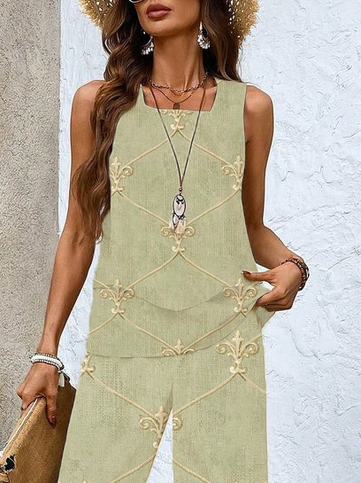 Damen Geblümt Print Zweiteiliges Set Täglich Ärmellos Lässig Sommer Bluse mit Hose Matching Set