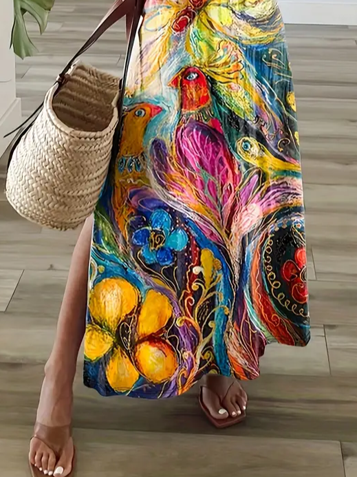 Damen Geblümt Kurzarm Sommer Print Kleid V-Ausschnitt Täglich Lässig Maxikleid T-Shirt-Kleid X-Linie Kleid