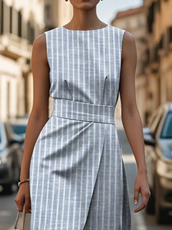 Damen Gestreift Ärmellos Sommer Print Kleid Rundhals Täglich Retro Maxikleid Etuikleid H-Linie Kleid