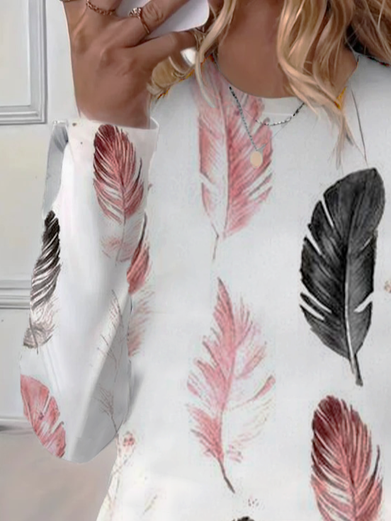 Damen Feder Langarm T-Shirts T-Shirt Rundhals Print Lässig Frühling/Herbst T-Shirt mit Grafik Oberteile