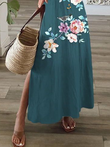 Damen Geblümt Kurzarm Sommer Print Kleid V-Ausschnitt Täglich Lässig Maxikleid T-Shirt-Kleid X-Linie Kleid