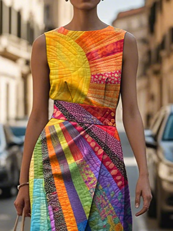 Damen Hippie Ärmellos Sommer Print Kleid Rundhals Täglich Retro Maxikleid Etuikleid H-Linie Kleid