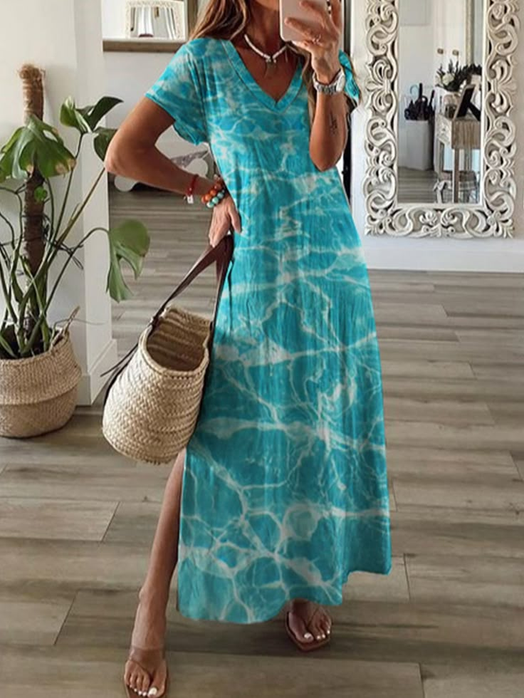 Damen Abstrakt Kurzarm Sommer Print Kleid V-Ausschnitt Täglich Lässig Maxikleid T-Shirt-Kleid X-Linie Kleid