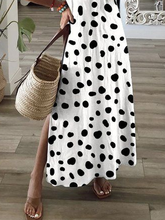 Damen Polka Dots Kurzarm Sommer Print Kleid V-Ausschnitt Täglich Lässig Maxikleid T-Shirt-Kleid X-Linie Kleid