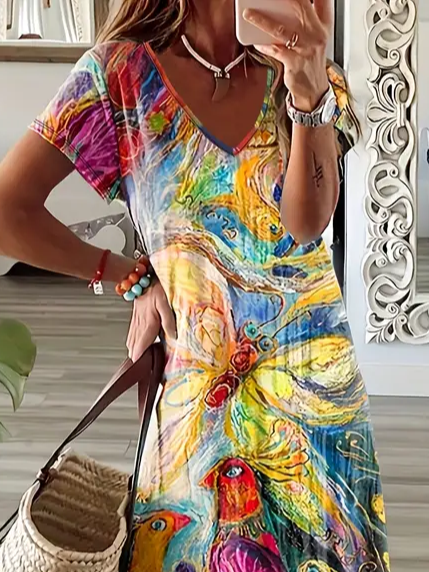 Damen Geblümt Kurzarm Sommer Print Kleid V-Ausschnitt Täglich Lässig Maxikleid T-Shirt-Kleid X-Linie Kleid