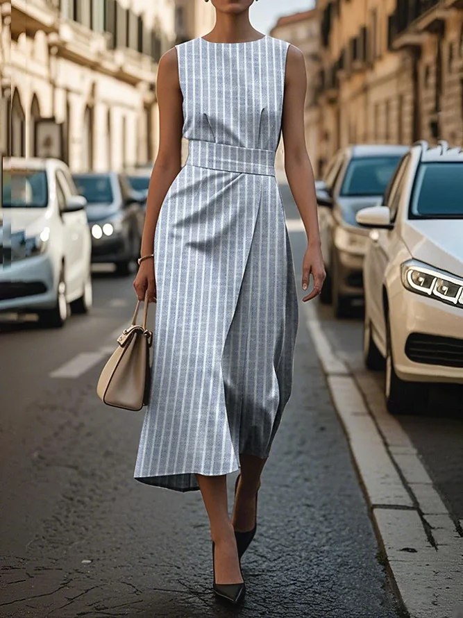 Damen Gestreift Ärmellos Sommer Print Kleid Rundhals Täglich Retro Maxikleid Etuikleid H-Linie Kleid