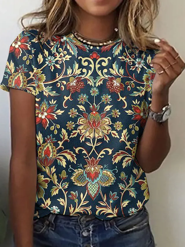 Damen Geblümt Kurzarm T-Shirts T-Shirt Rundhals Lässig Sommer Oberteile