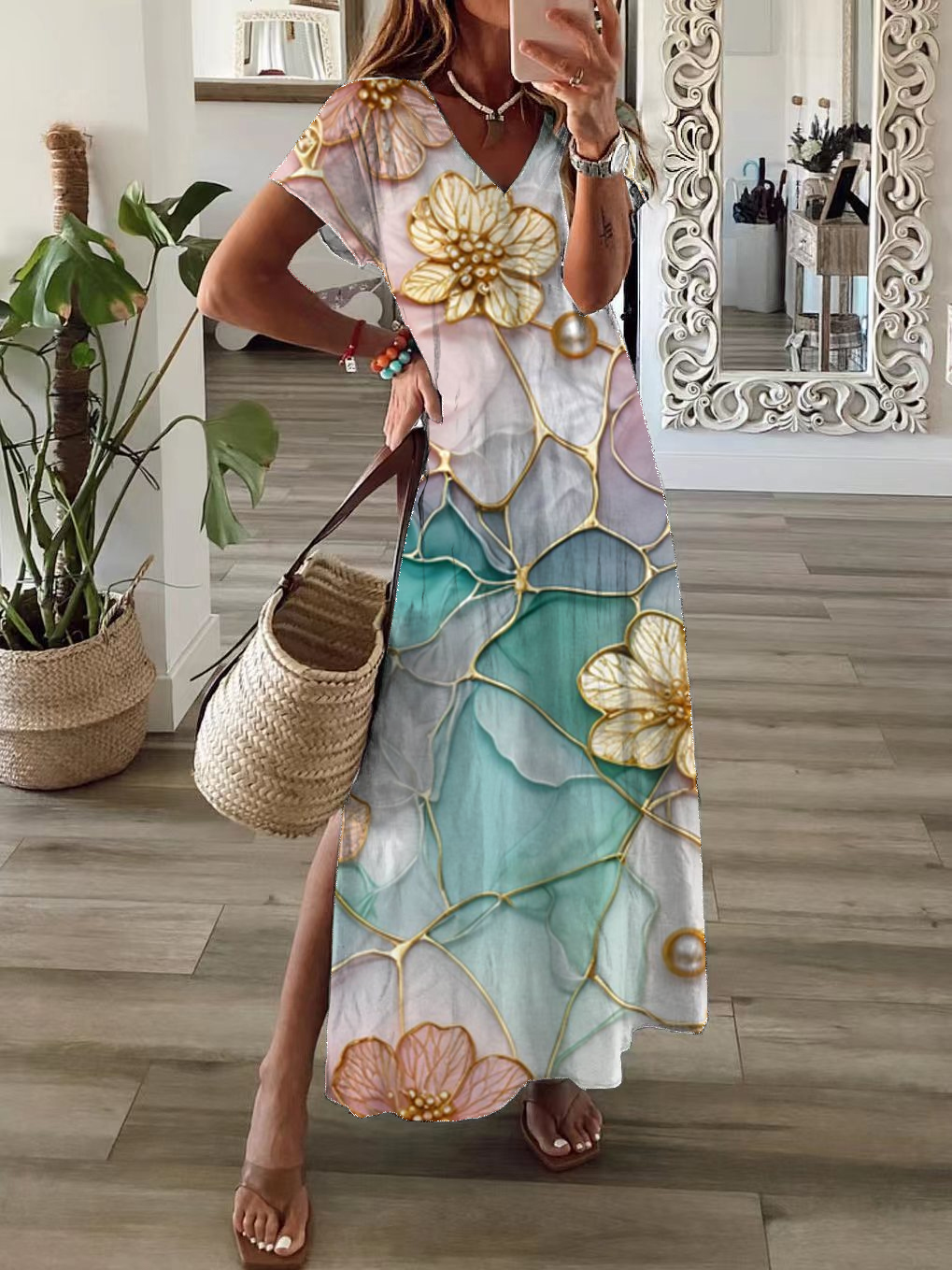 Damen Geblümt Kurzarm Sommer Print Kleid V-Ausschnitt Täglich Lässig Maxikleid T-Shirt-Kleid X-Linie Kleid