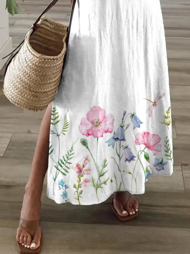 Damen Geblümt Kurzarm Sommer Print Kleid V-Ausschnitt Täglich Lässig Maxikleid T-Shirt-Kleid X-Linie Kleid