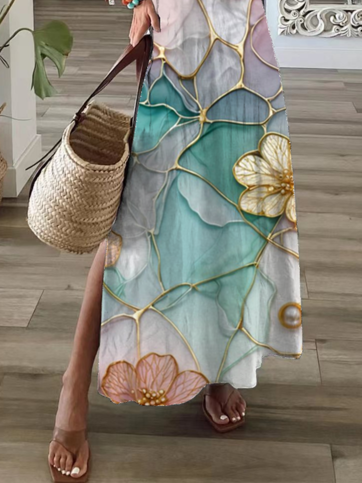 Damen Geblümt Kurzarm Sommer Print Kleid V-Ausschnitt Täglich Lässig Maxikleid T-Shirt-Kleid X-Linie Kleid