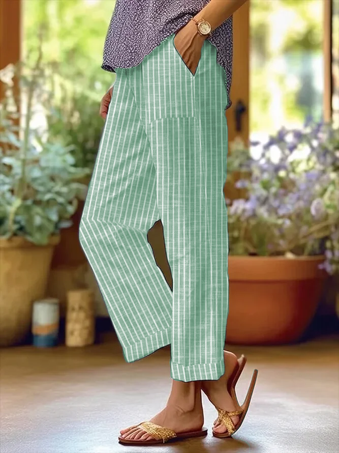 Damen Hose Gerade Hosen Täglich Ausgehen Lässig Print Leinenmischung Gestreift Frühling/Herbst Hose