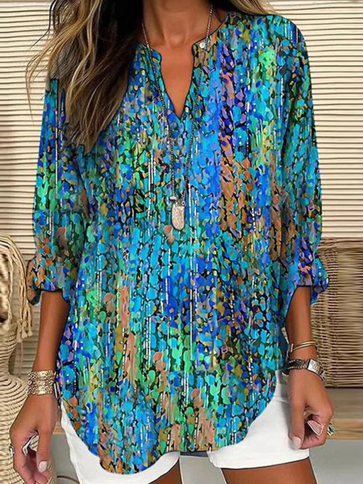 Damen Geometrisch Halbarm Bluse Sommer Schalkragen Täglich Lässig Oberteile