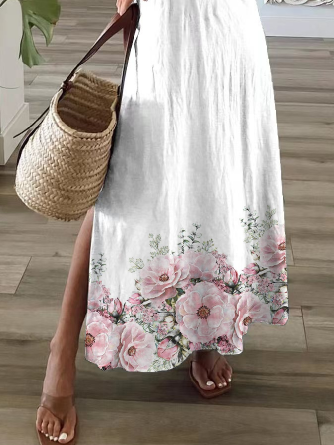 Damen Geblümt Kurzarm Sommer Print Kleid V-Ausschnitt Täglich Lässig Maxikleid T-Shirt-Kleid X-Linie Kleid
