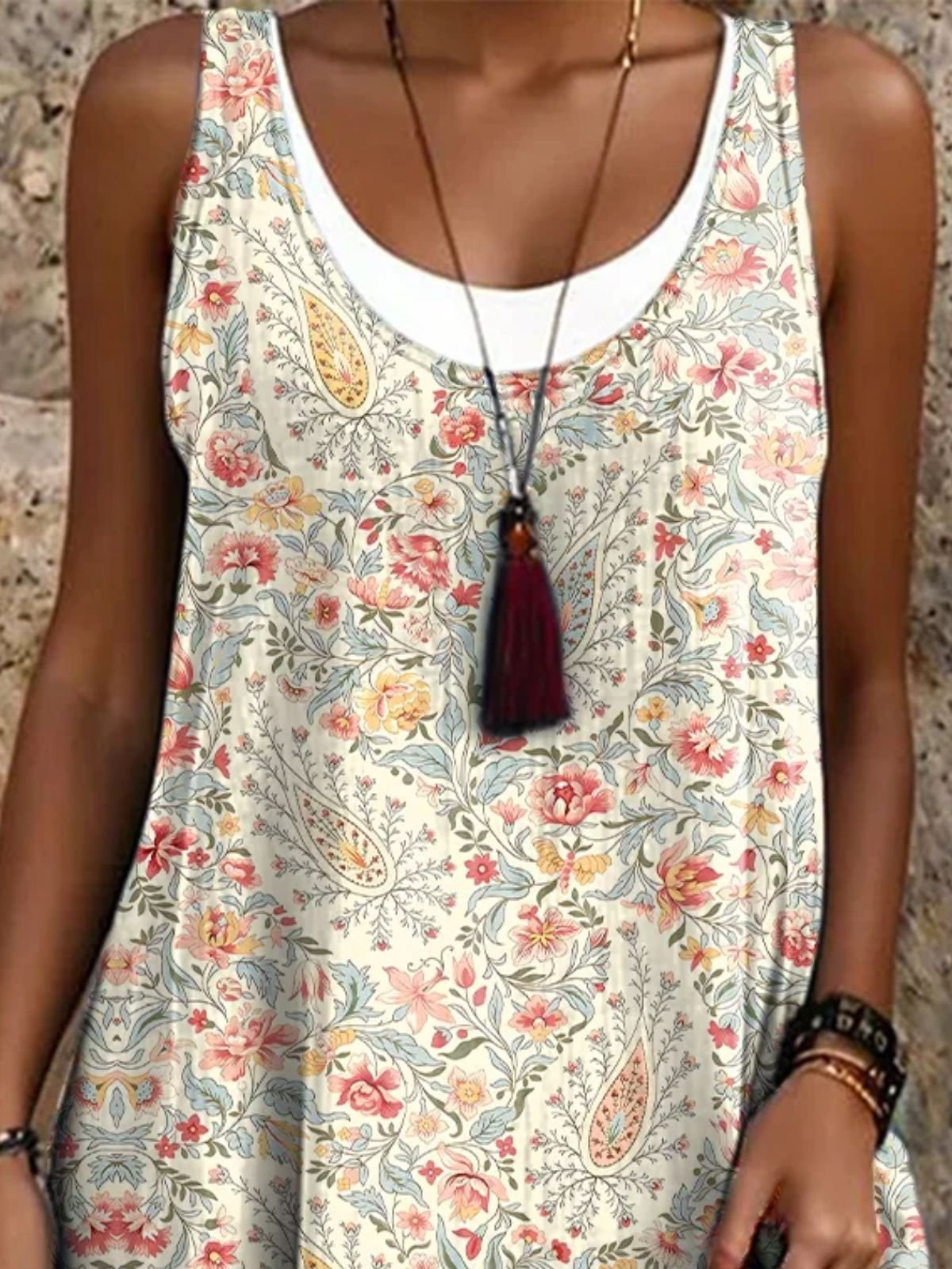 Damen Geblümt Ärmellos Sommer Kleid Rundhals Täglich Lässig Midi A-Linien-Kleid