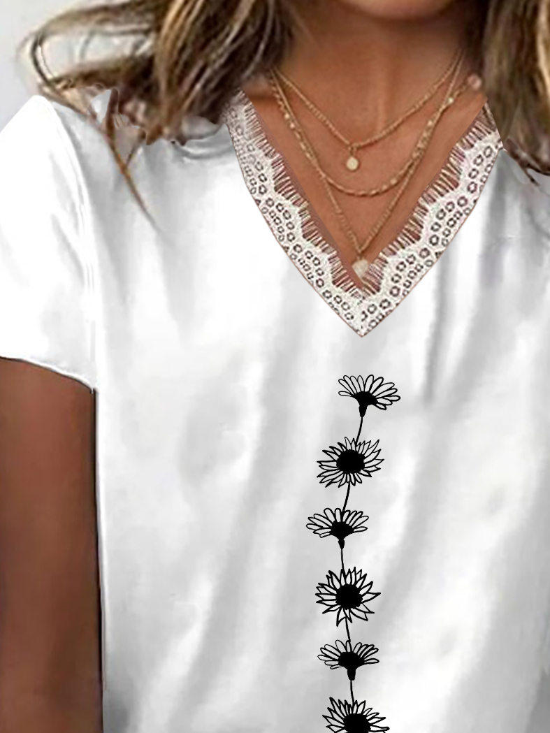 Damen Geblümt Kurzarm T-Shirts T-Shirt V-Ausschnitt Print Lässig Sommer T-Shirt mit Grafik Oberteile